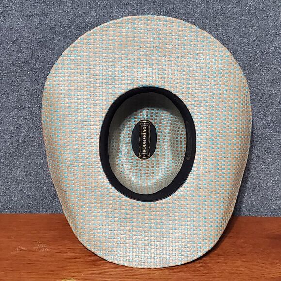 Rodeo King 25X Straw Cowboy Hat Powder Horn Blue Biege Rio Western Hat Barncore - Picture 2 of 13